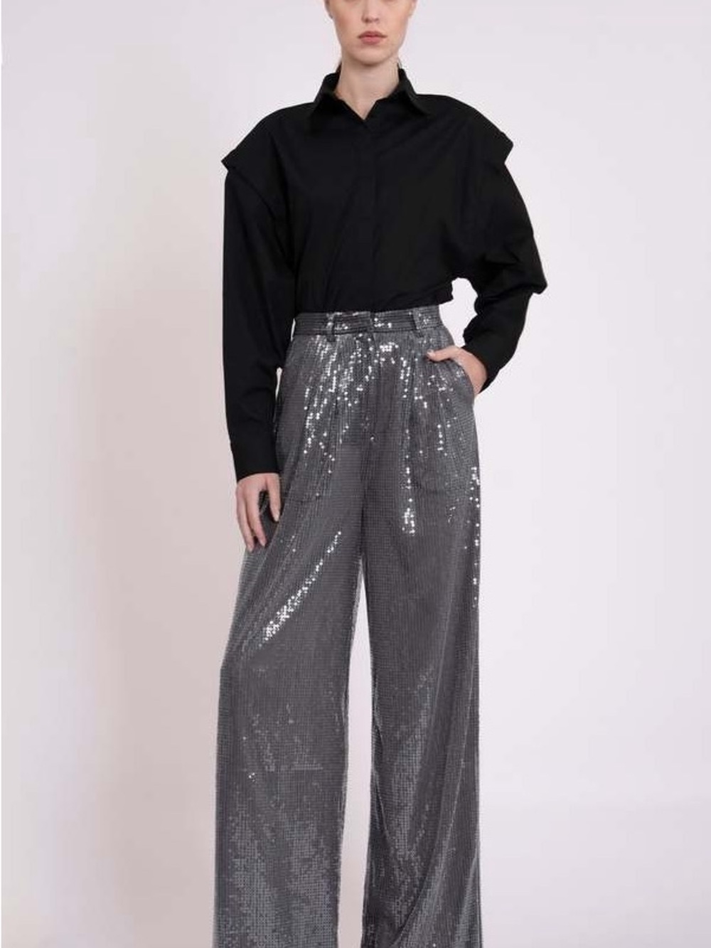 Nonchalant Sequin Wide-Leg Pants in Silver